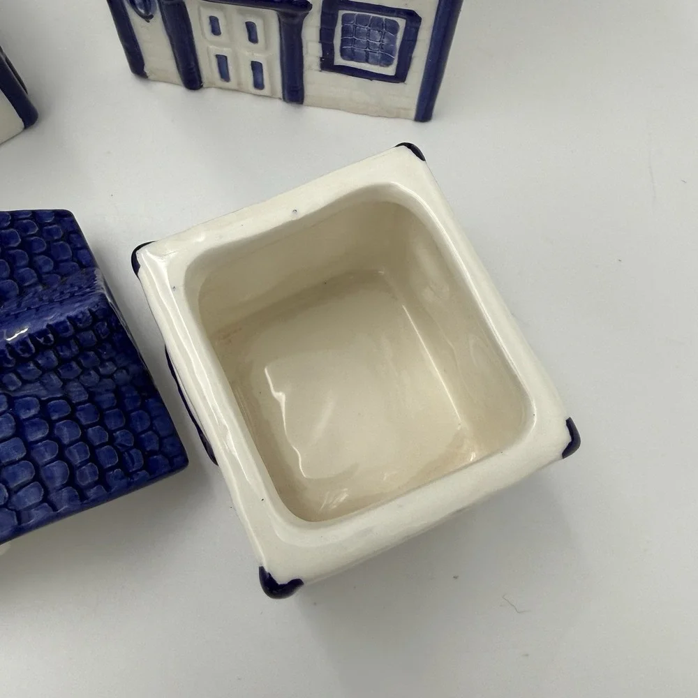 Vtg CKAO Blue White Ceramic House Canister Set 5pc w Lids Pasta Tea Cottagecore